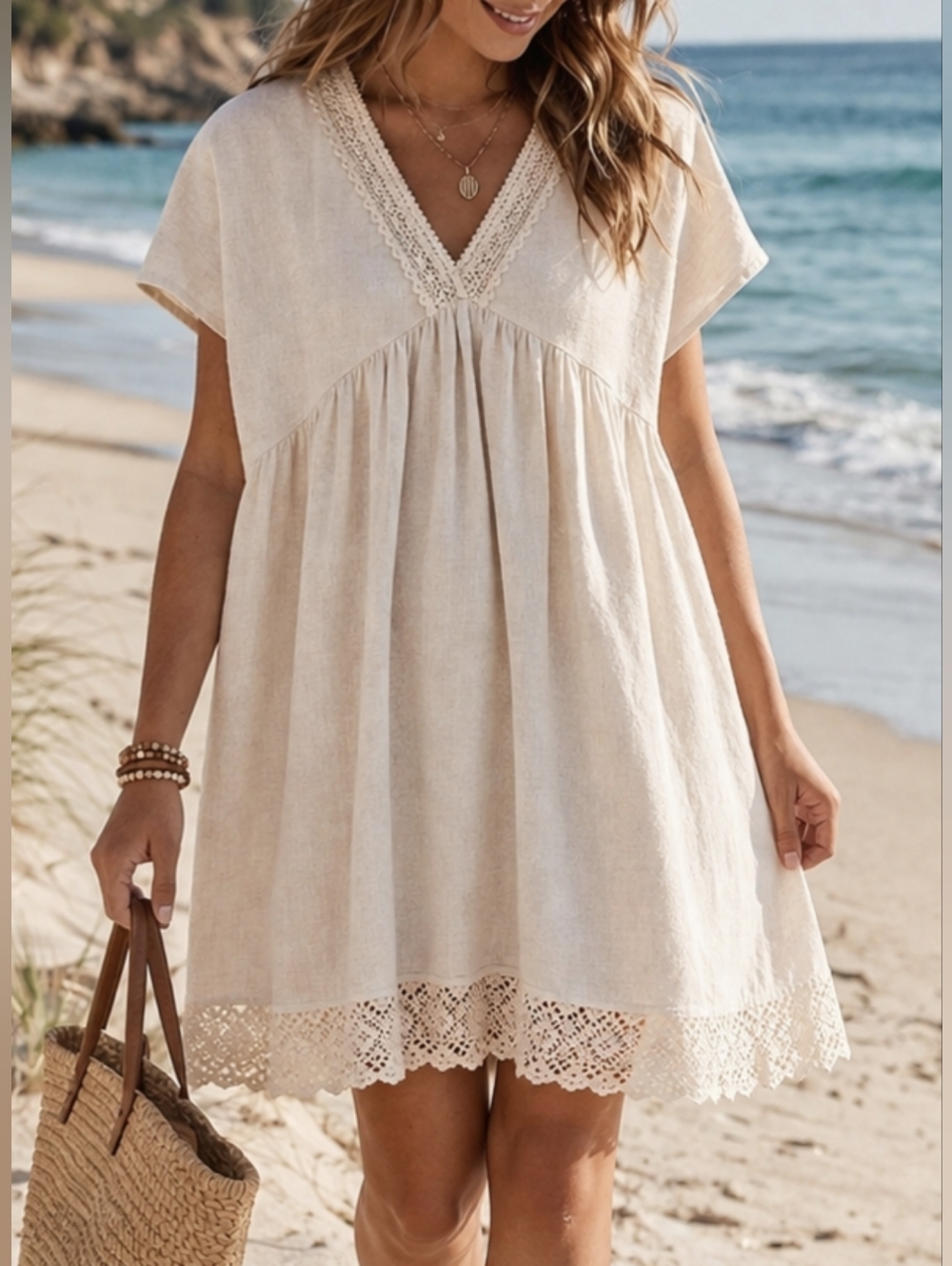 SHEIN Cream Lace-Trim V-Neck Mini Dress